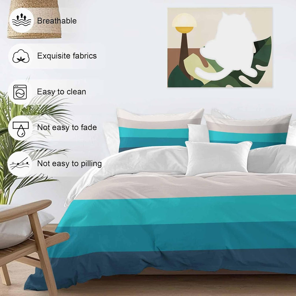 Prime Leader Geometric Stripes Duvet Cover Set Queen Size 4 Pieces Minimalist Turquoise Gradient Pattern Bedding Set with Zipper Closure, 1 Comforter Cover 86x86 Inches 1 Flat Sheet & 2 Pillow Cases