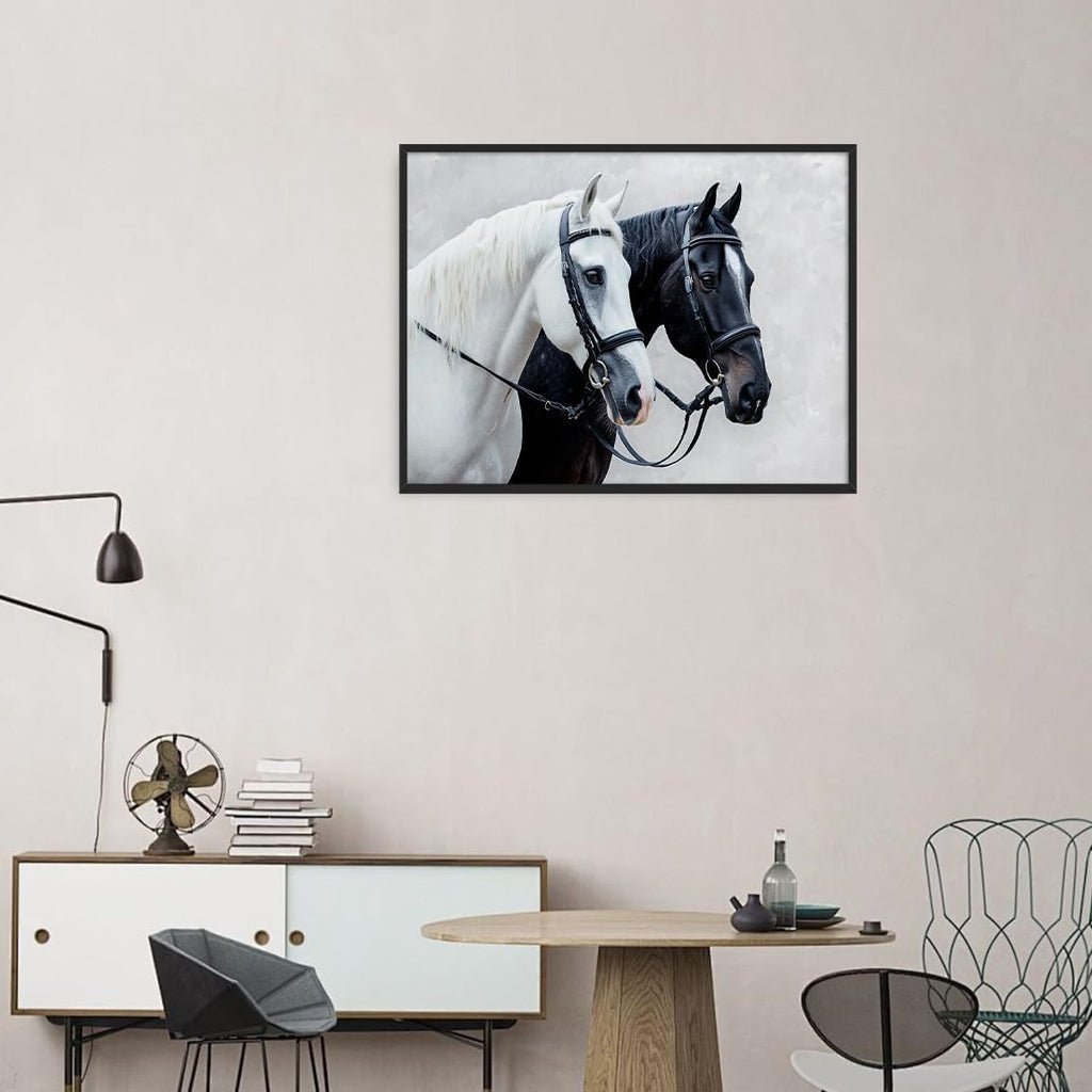 Elegant Horse Pair Canvas Wall Art Black and White Equestrian Portrait Oil Painting for Country Bedroom Living Room Office or Farmhouse Decor 24x36in Large Black aluminum frame