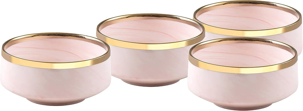16 Piece Plates and Bowls Sets, Fine China Artisan Marbled Dinner Set for 4, Dishwasher Safe, Scratch Resistant, Pink with Gold Line