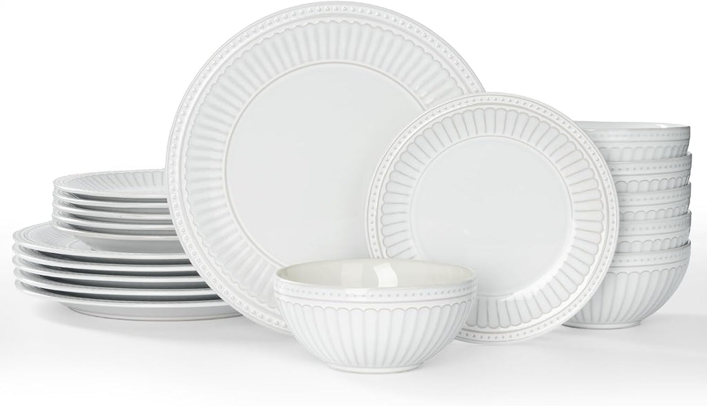 Famiware Garden 18-Piece Embossed Plates and Bowls Sets, Stoneware Reactive Glaze Dishes Dinnerware Set, Modern Rustic, Chip & Scratch Resistant, Microwave & Dishwasher Safe, Service for 6, White