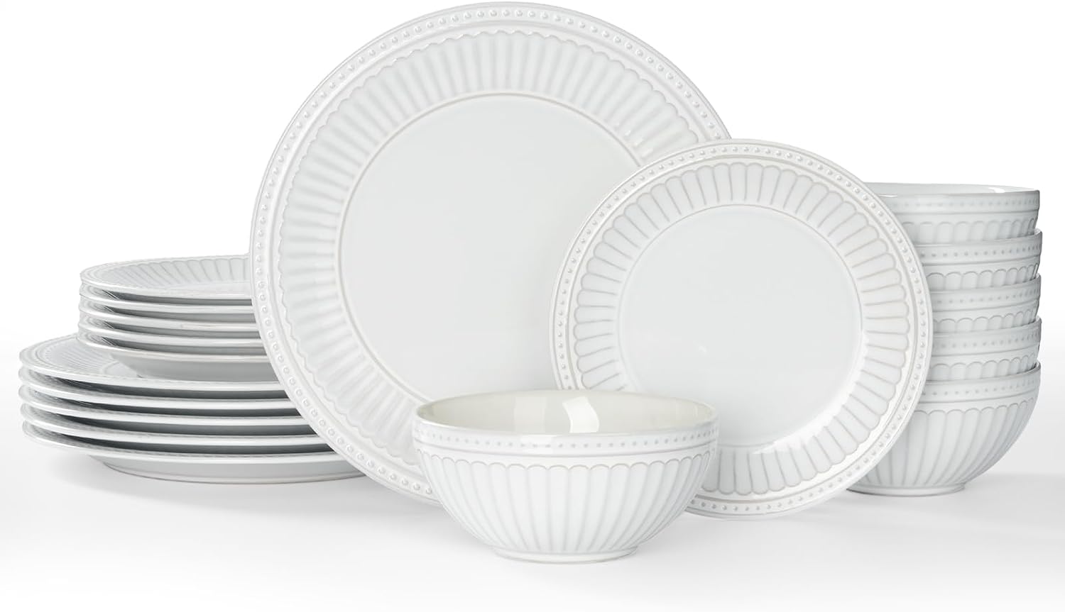 Famiware Garden 18-Piece Embossed Plates and Bowls Sets, Stoneware Reactive Glaze Dishes Dinnerware Set, Modern Rustic, Chip & Scratch Resistant, Microwave & Dishwasher Safe, Service for 6, White