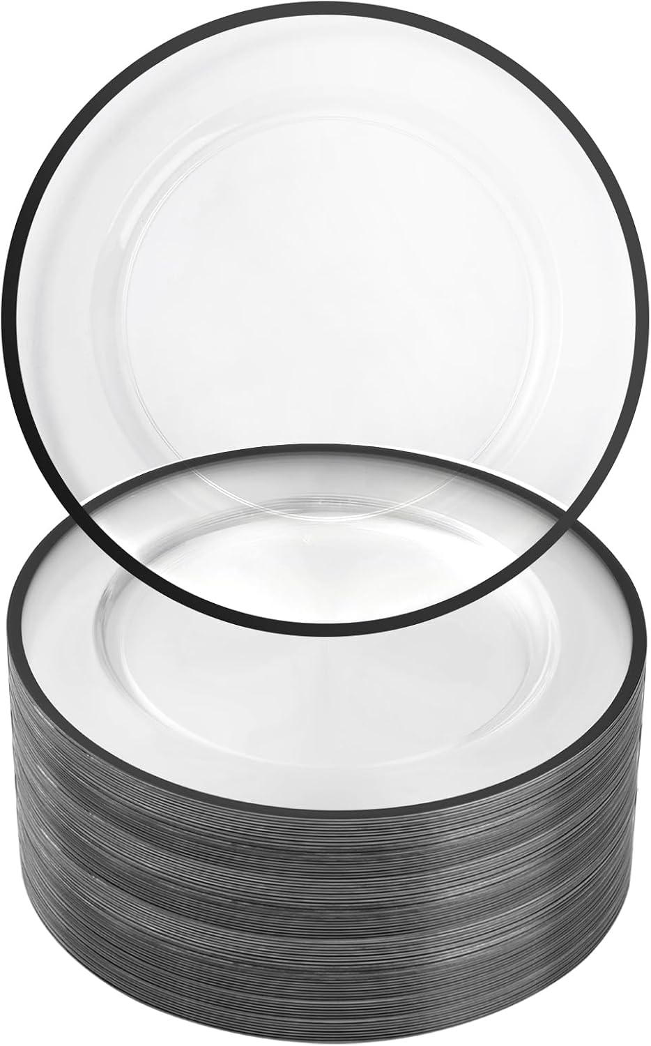 Goodluck 12 Inch Disposable Charger Plates Plastic, 100 Pack Plastic Clear Charger with Black Rim for Dinner, Wedding, Party