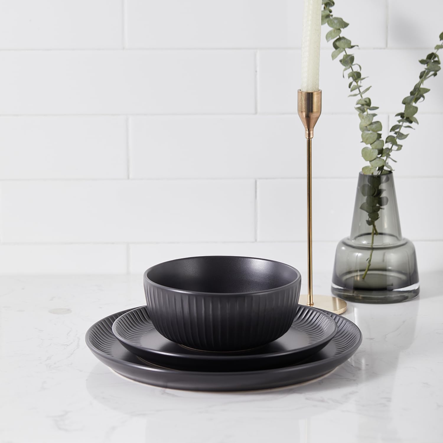 Stone Lain Logan 24 Pieces Stoneware Dinnerware Set, Black
