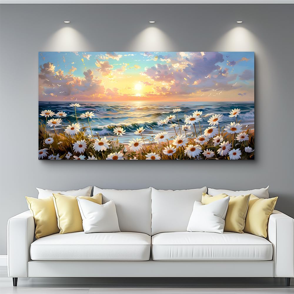 PHAOHUAXM Large Wall Decor Canvas Wall Art For Bedroom Living Room Decor A Landscape Painting Of A Sea Of White Flowers Painting Art Print Picture Artwork For office Bathroom Home Decor 30x60 In