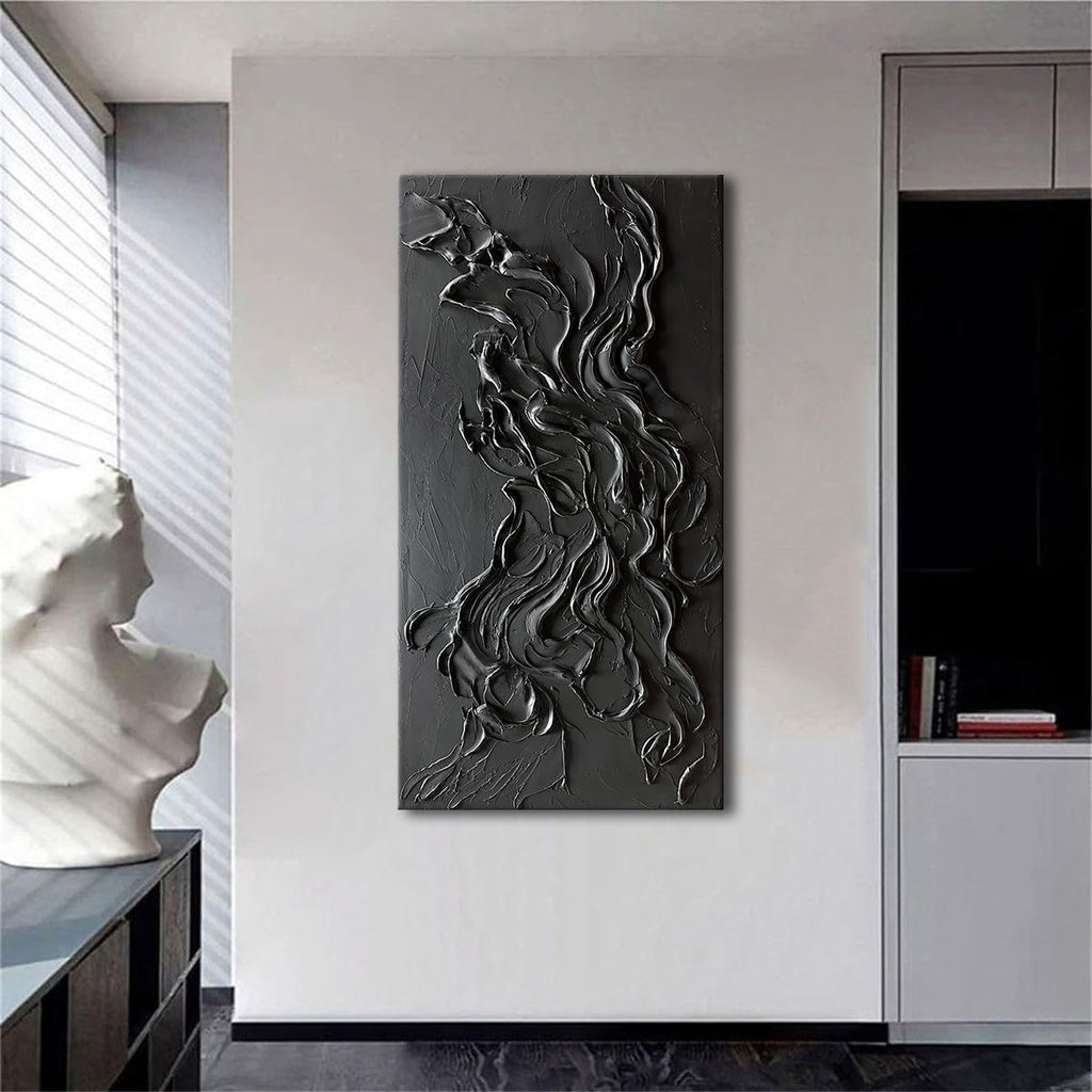 zoinart Hand Painted Large Black Wall Art 30'x60' Thick Texture Minimalist Oil Paintings Contemporary Art Oil on Canvas Abstract Textured Wall Art Pure Black Wall Art