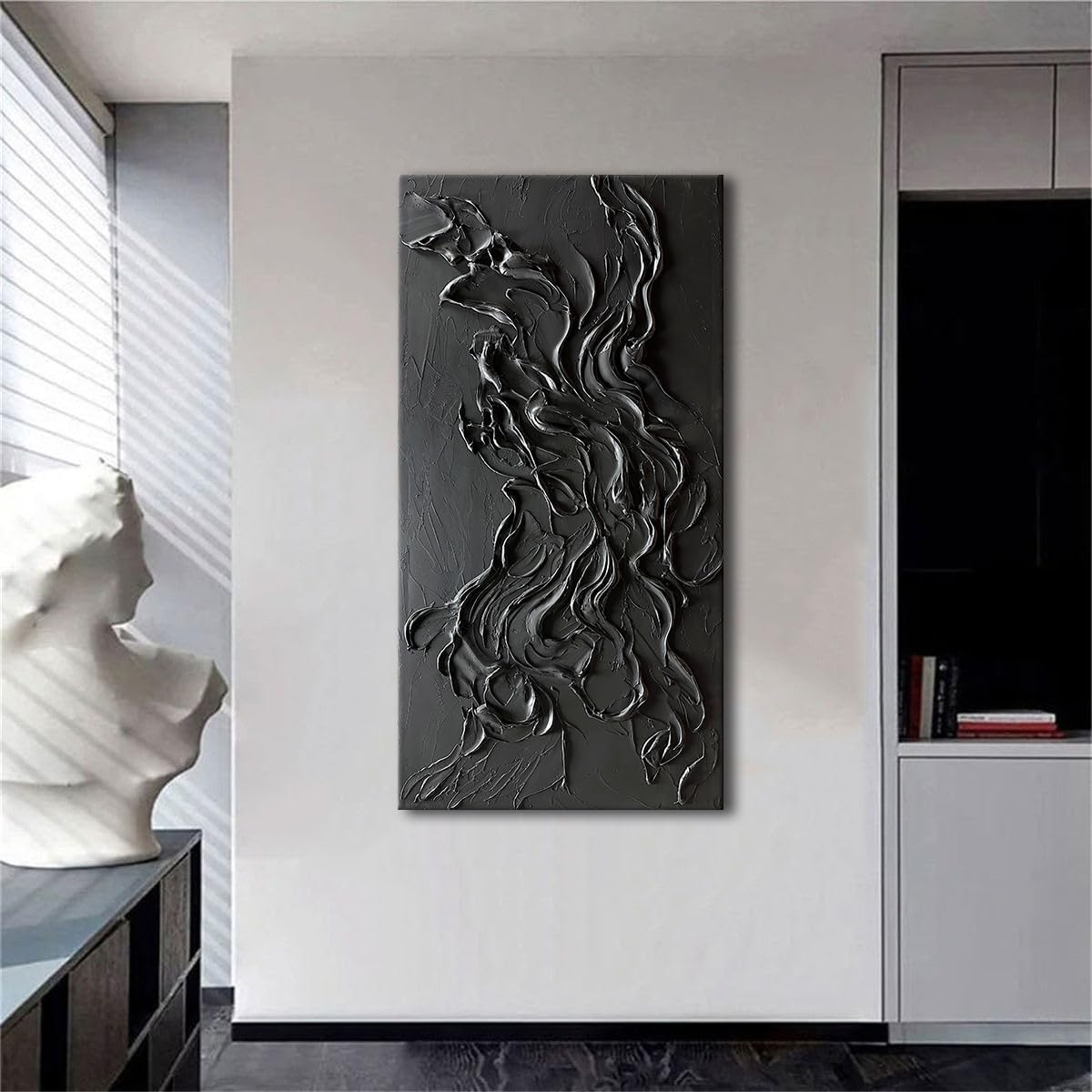 zoinart Hand Painted Large Black Wall Art 30'x60' Thick Texture Minimalist Oil Paintings Contemporary Art Oil on Canvas Abstract Textured Wall Art Pure Black Wall Art