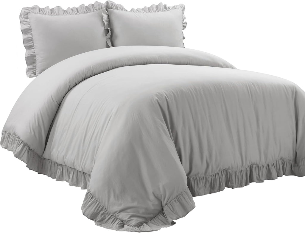 Lush Decor Reyna Ruffle Cotton Duvet Cover Set 3 Piece Set King, Light Gray - King Size Bedding Set - Gray Duvet King- Ruffled Bedding - Coquette Decor