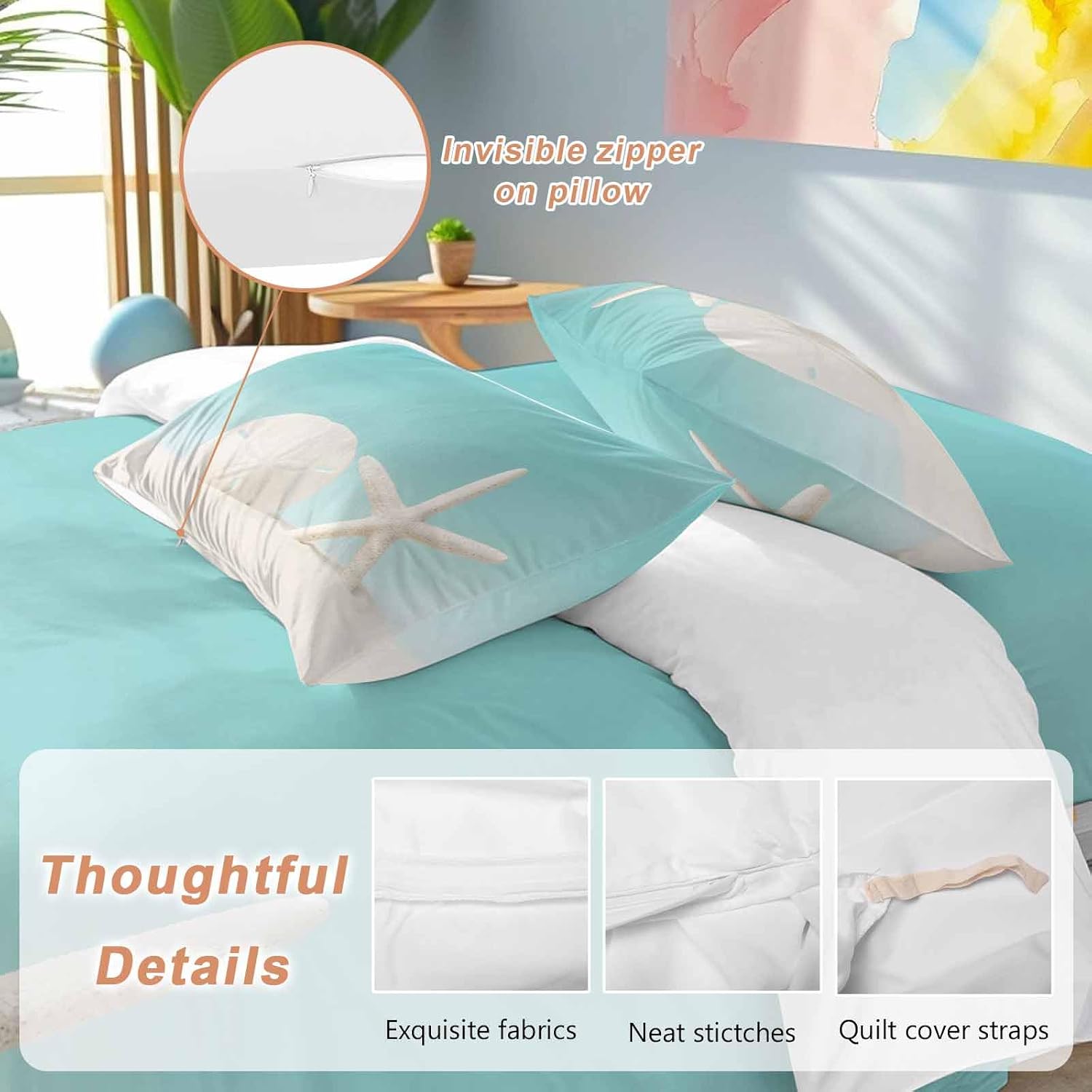 Beach Starfish Sand Dollar Duvet Cover Set Queen Size 4 Pieces Modern Nautical Ocean Marine Life Teal Bedding Set with Zipper Closure, 1 Comforter Cover 90x92 Inches 1 Flat Sheet & 2 Pillow Cases