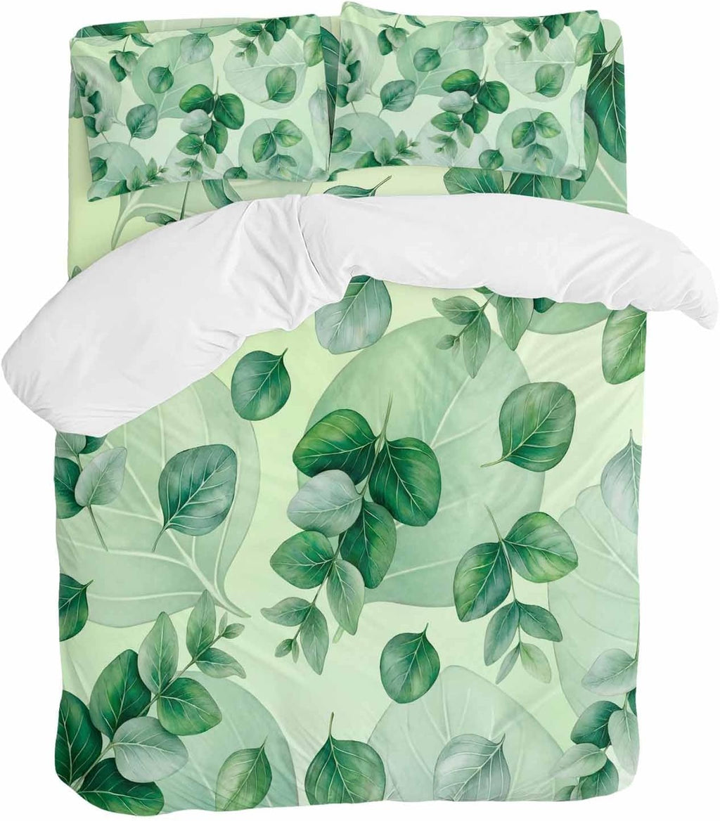 Green Leaf Duvet Cover Set Queen Size 4 Pieces Summer Green Eucalyptus Leaves Plants Farmhouse Bedding Set with Zipper Closure, 1 Comforter Cover 86x86 Inches 1 Flat Sheet & 2 Pillow Cases