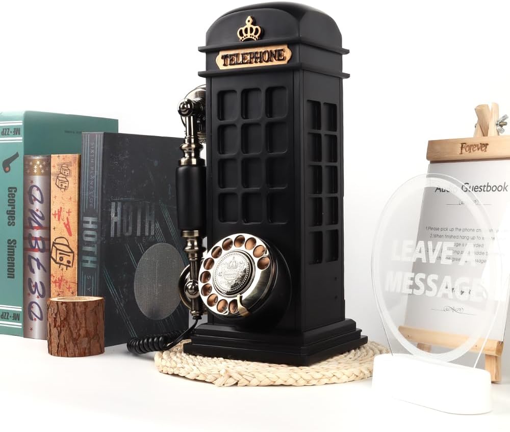 Audio Guest Book Wedding Phone with Vintage Phone Booth Design, Record Customized Audio Message Guest Book for Wedding, Party and Gathering, Black