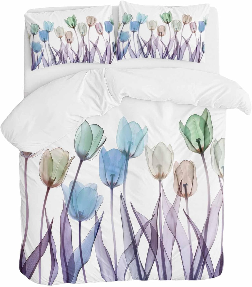 Prime Leader Spring Floral Duvet Cover Set Queen Size 4 Pieces Watercolor Purple Tulip Flowers Pattern Bedding Set with Zipper Closure, 1 Comforter Cover 86x86 Inches 1 Flat Sheet & 2 Pillow Cases