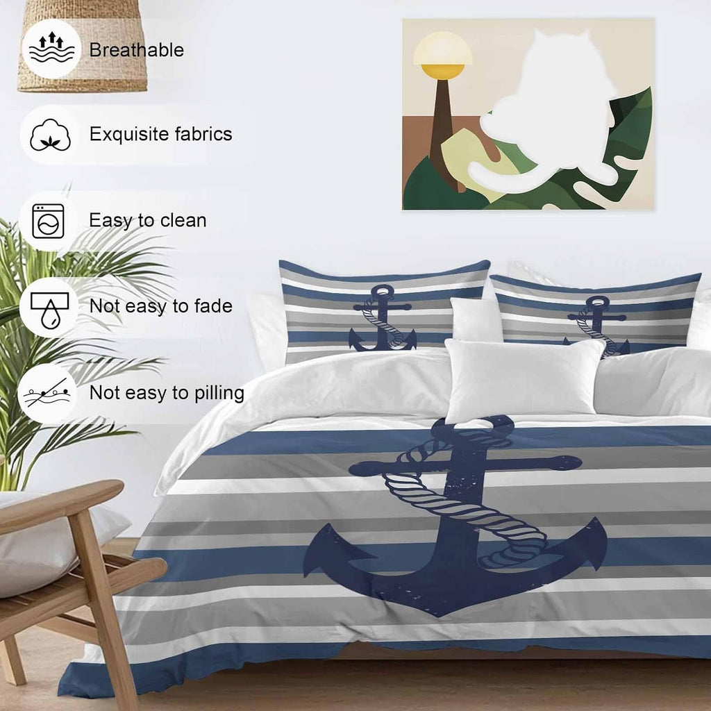 Nautical Anchor Duvet Cover Set Queen Size 4 Pieces Navy Blue Grey Stripe Modern Simplistic Striped Bedding Set with Zipper Closure, 1 Comforter Cover 90x92 Inches 1 Flat Sheet & 2 Pillow Cases