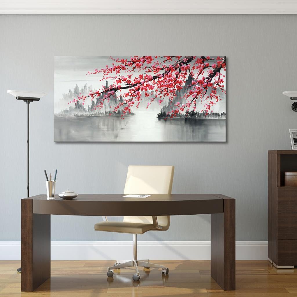 Large Traditional Chinese Painting Hand Painted Plum Blossom Canvas Wall Art Modern Black and White Landscape Oil Painting for Living Room 60 x 30 inch