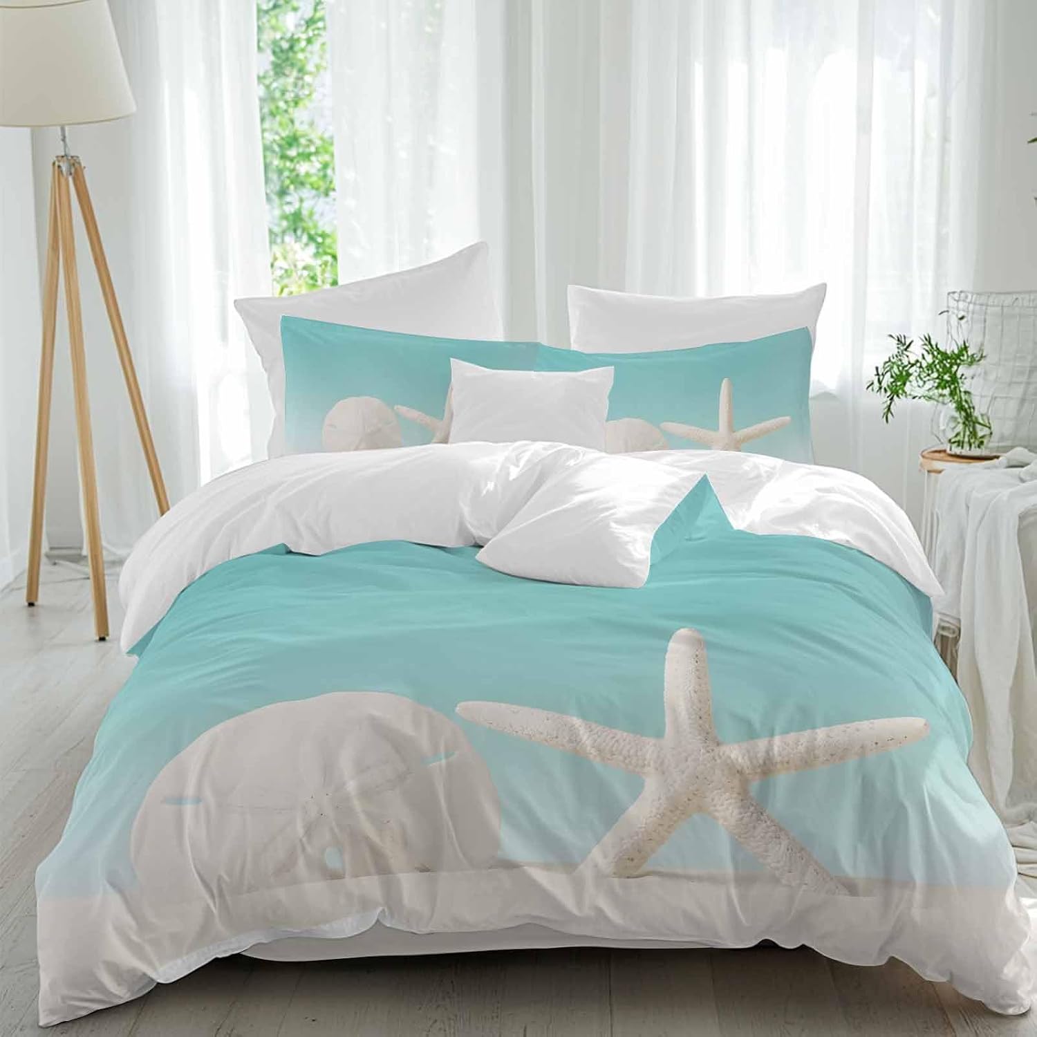Beach Starfish Sand Dollar Duvet Cover Set Queen Size 4 Pieces Modern Nautical Ocean Marine Life Teal Bedding Set with Zipper Closure, 1 Comforter Cover 92x106 Inches 1 Flat Sheet & 2 Pillow Cases