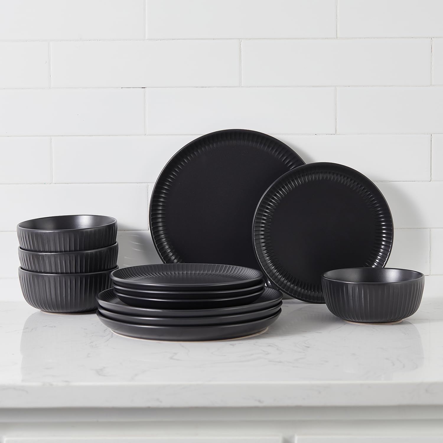 Stone Lain Logan 24 Pieces Stoneware Dinnerware Set, Black