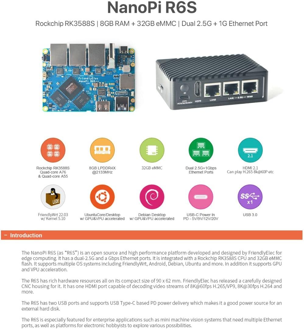 Nanopi R6S Computer Mini Router with Three Gbps Ethernet Ports LPDDR4X 8GB RAM 6Tops NPU RK3588S Soc for IOT NAS Smart Home Gateway Support Debian Ubuntu Docker (with PD Power & USB WiFi Adapter)