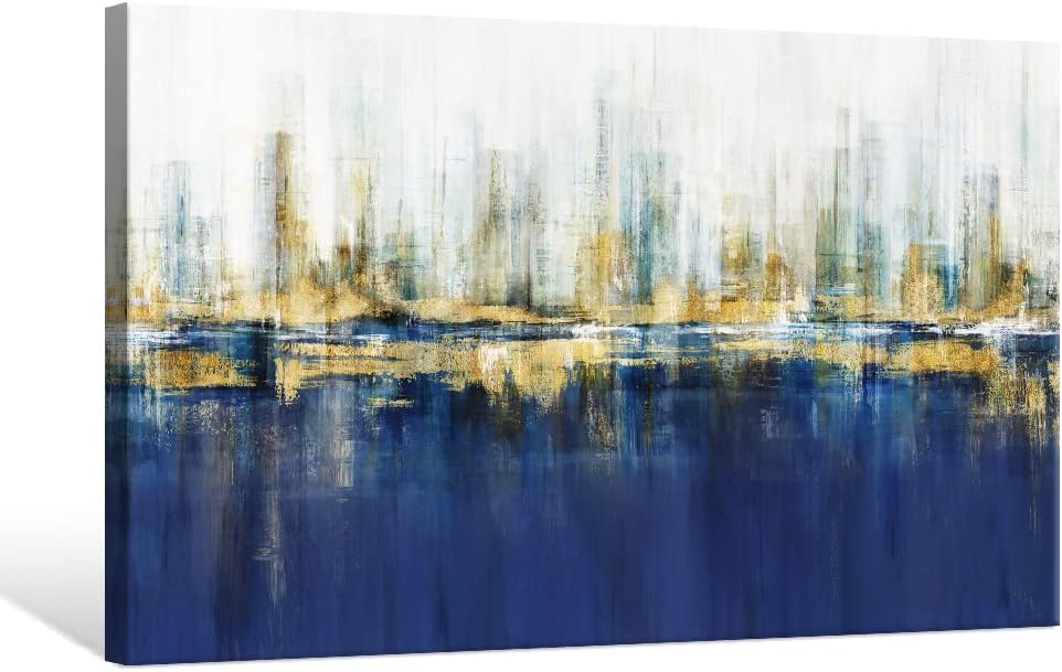 7Fisionart Indigo Blue and Gold Wall Art for Living Room Abstract Decor Canvas Paintings Cityscape Modern Skyline Large Size Pictures Framed Artwork Bedroom Office 48'x32'