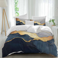 Prime Leader Abstract Impressionist Style Duvet Cover Set Queen Size 4 Pieces Gold Navy Blue Color Block Bedding Set with Zipper Closure, 1 Comforter Cover 86x86 Inches 1 Flat Sheet & 2 Pillow Cases