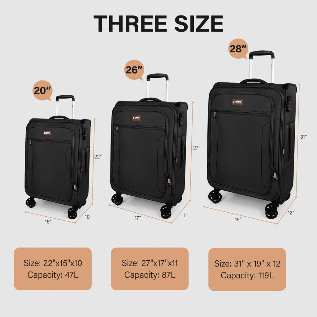 Luggage Sets 3 Piece,Suitcases with Wheels Hardshell,Softside Luggage Set,Foldie Travel Bag Expandable,Charcoal Material w/Tsa LOCK & Double Spinner Wheels(20in/26in/28in)Black,XJ-1907