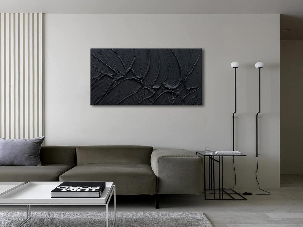 zoinart Hand Painted Thick Texture Black Minimalist Oil Painting Modern Contemporary Art 24x48 Inches Oil on Canvas Abstract Black Textured Wall Art Home Decoration