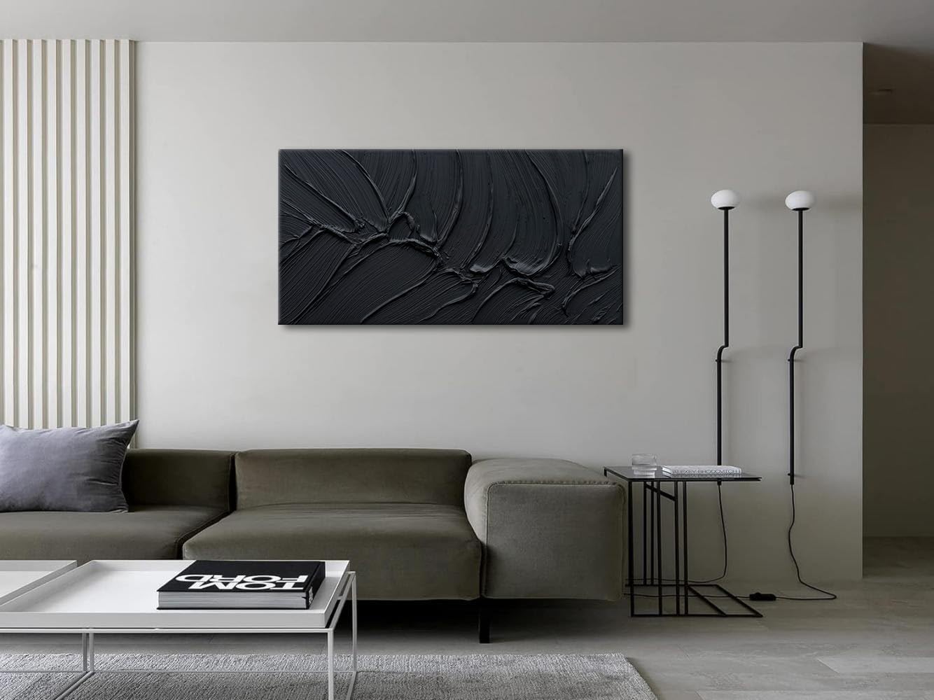 zoinart Hand Painted Thick Texture Black Minimalist Oil Painting Modern Contemporary Art 24x48 Inches Oil on Canvas Abstract Black Textured Wall Art Home Decoration