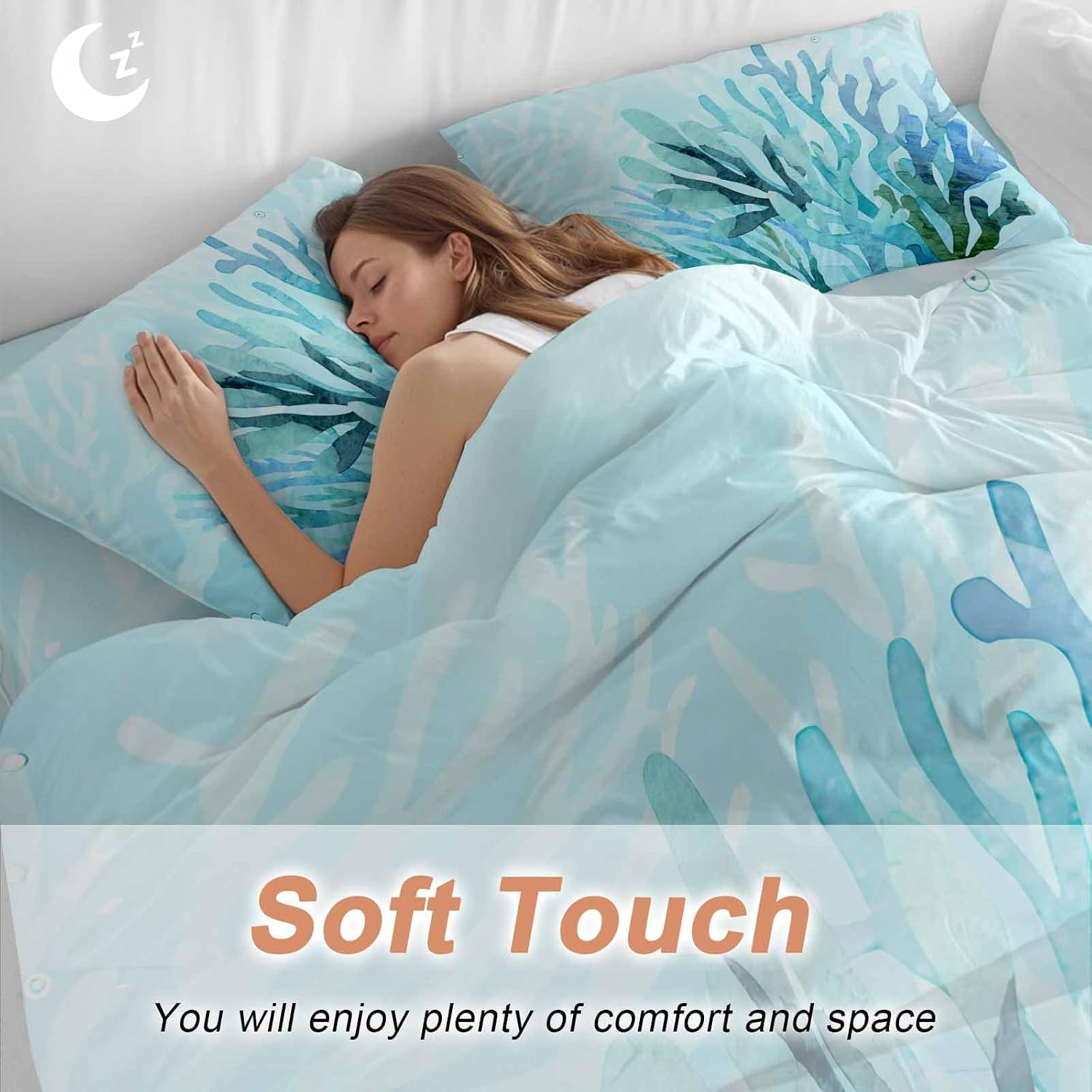 Prime Leader Blue Gradient Coral Duvet Cover Set Queen Size 4 Pieces Ocean Coastal Sea Watercolor Coral Bedding Set with Zipper Closure, 1 Comforter Cover 86x86 Inches 1 Flat Sheet & 2 Pillow Cases