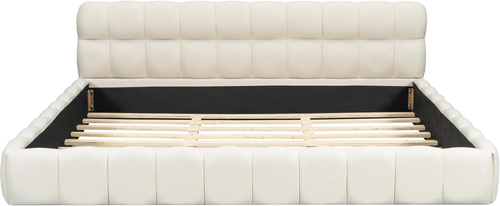 GOWE King Size Upholstered Platform Bed with Thick Fabric, Grounded Bed with Solid Frame, Beige
