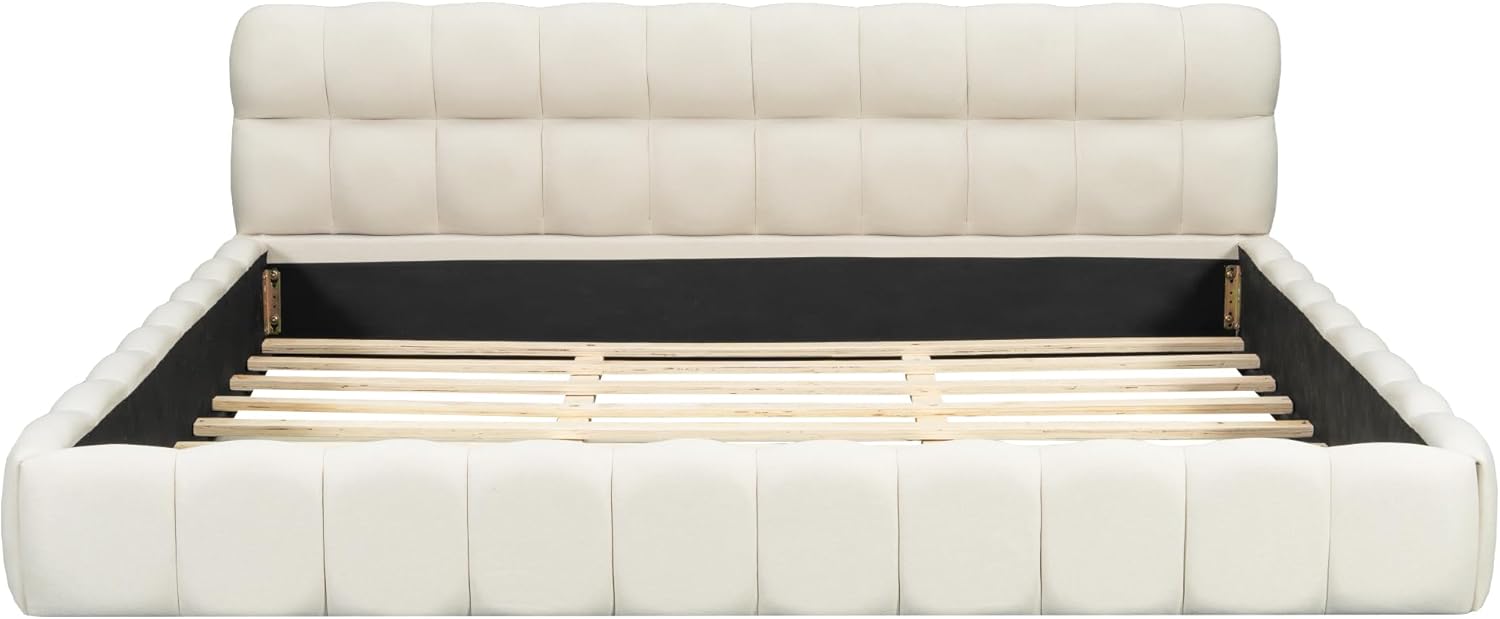 GOWE King Size Upholstered Platform Bed with Thick Fabric, Grounded Bed with Solid Frame, Beige