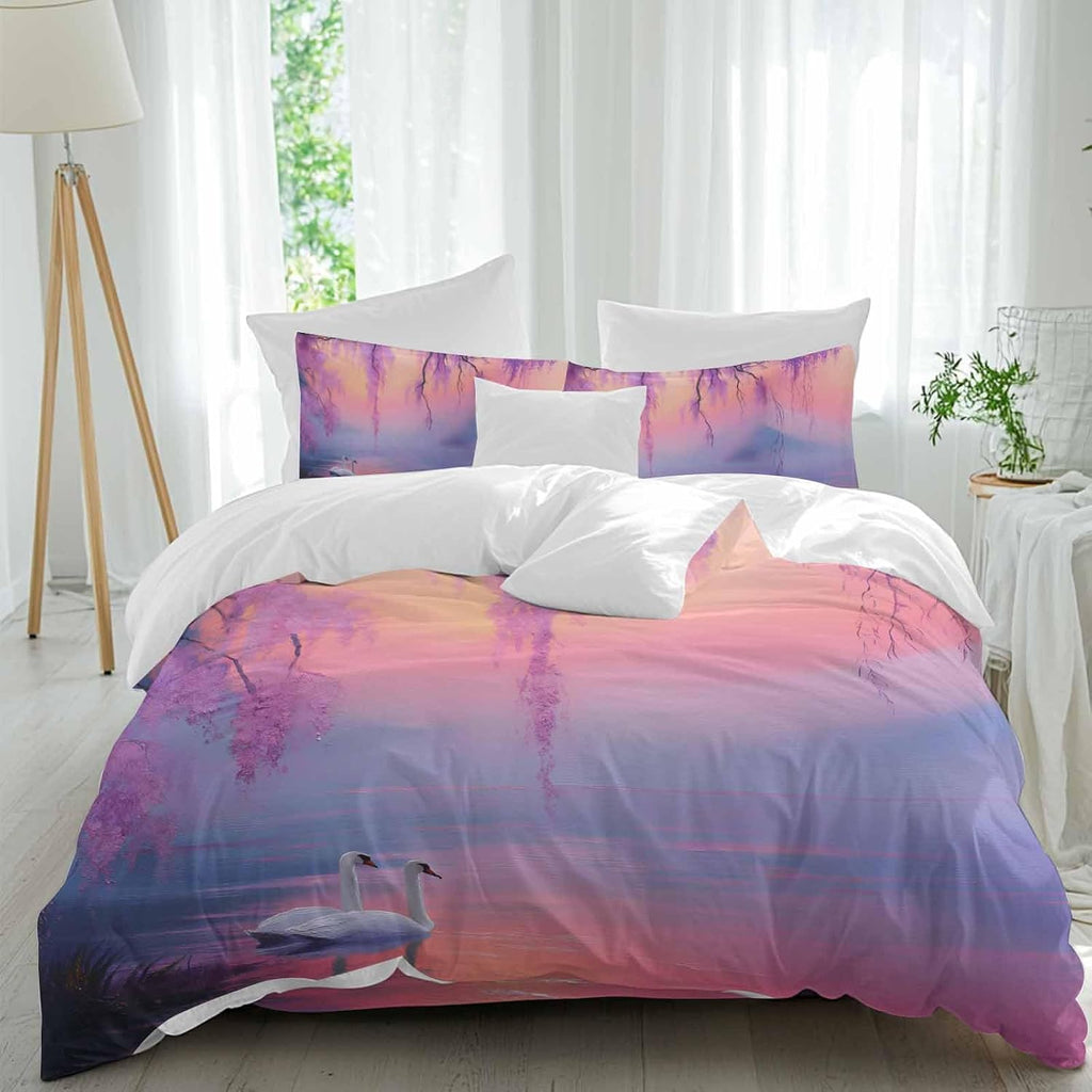 Swan Duvet Cover Set Queen Size 4 Pieces Oil Painting Spring Wisteria Gradient Pink Blue Lake Bedding Set with Zipper Closure, 1 Comforter Cover 86x86 Inches 1 Flat Sheet & 2 Pillow Cases