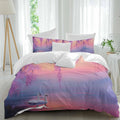 Swan Duvet Cover Set Queen Size 4 Pieces Oil Painting Spring Wisteria Gradient Pink Blue Lake Bedding Set with Zipper Closure, 1 Comforter Cover 86x86 Inches 1 Flat Sheet & 2 Pillow Cases