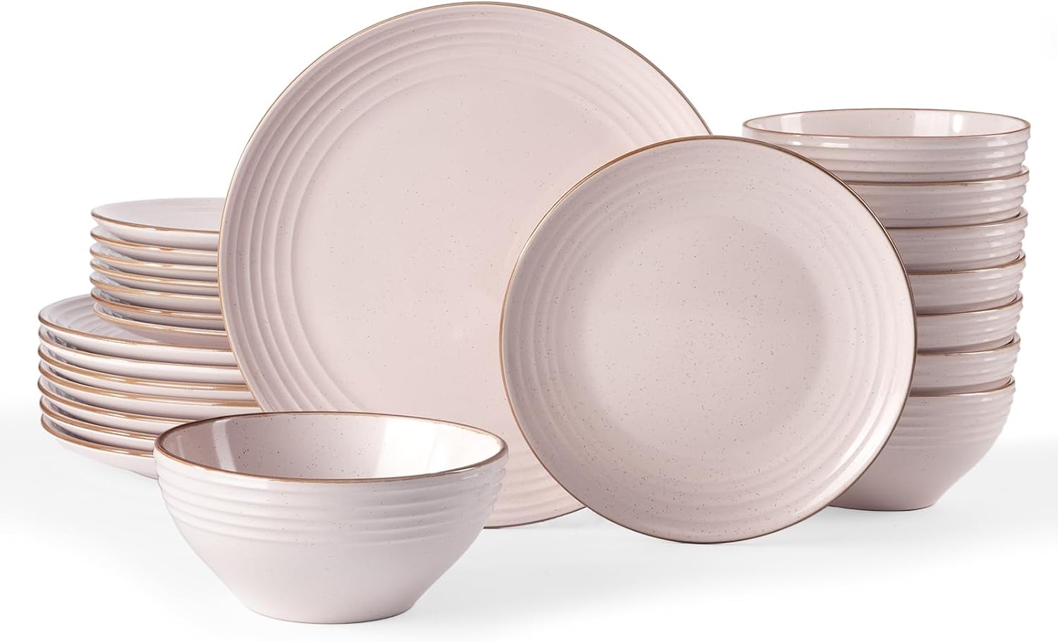 Famiware Jupiter 18-Piece Stoneware Dinnerware Sets for 6 – Handcrafted Plates and Bowls with Speckles & Embossed Swirls, Chip & Scratch Resistant, Modern Rustic Dishes for Daily & Formal Use, Pink