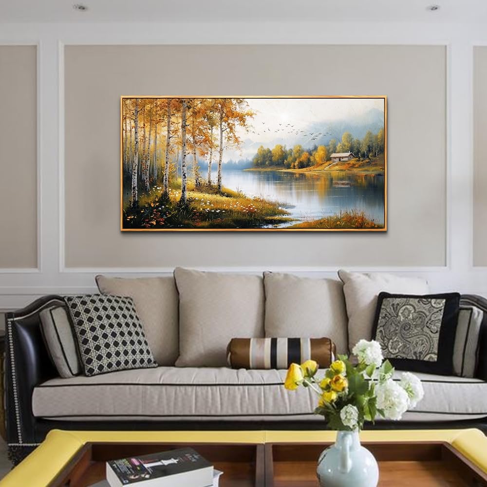 ERQINHUA Large Canvas Wood Framed Wall Art Living Room Wall Decor For Bedroom Forest Landscape Painting Lakeside Watercolour Wall Pictures Artwork Picture Office Farmhouse Home Decorations 24x48 In