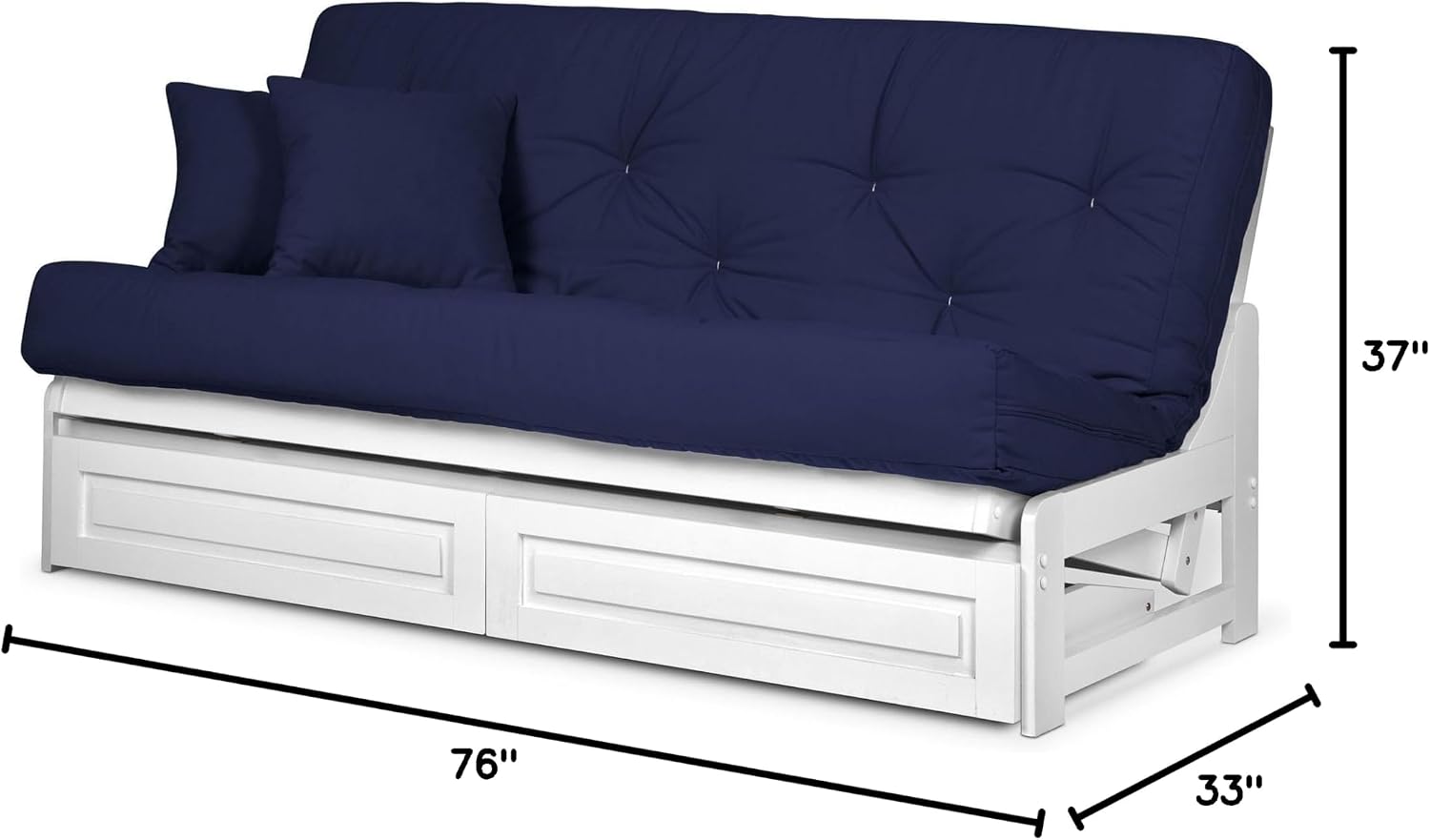 Nirvana Futons Arden White Futon with Storage Drawers Full or Queen Size - Space Saving Armless Design with Comfortable Mattress Included (Twill Navy Blue), Sofa Bed Available in