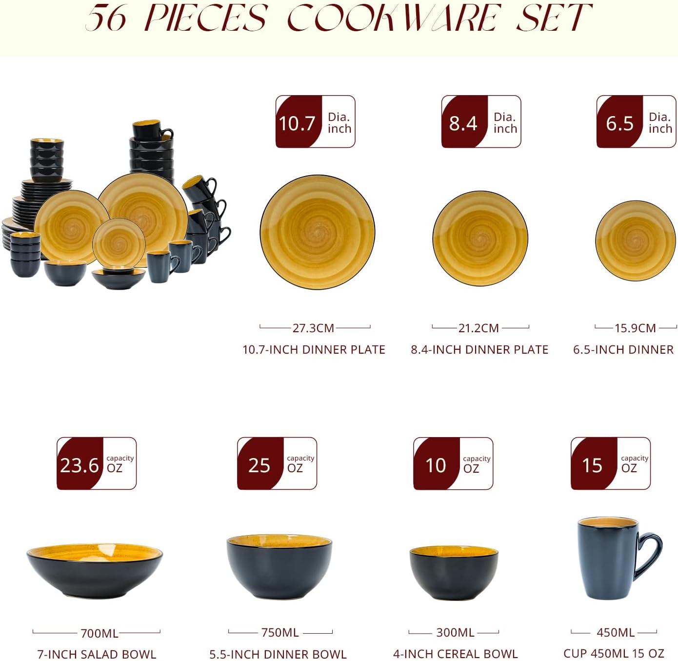 Stoneware Sonoma 56pc Dinnerware Set, Black + Speckled Spin Wash Yellow