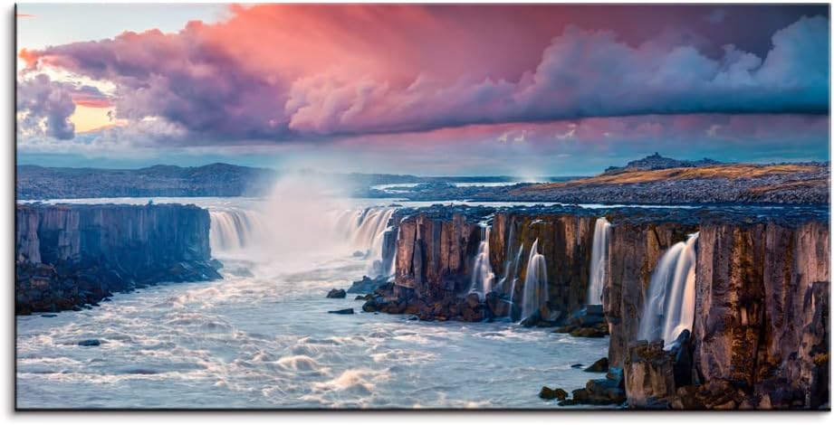 Cliff Waterfall Large Stretched Canvas Wall Art For Living Room Bedroom Home Decoration,Mordern Sunrise Scene Print Picture Painting Decor Giclee Artwork,Gallery Wrapped Gift,Inner Frame(30x60)