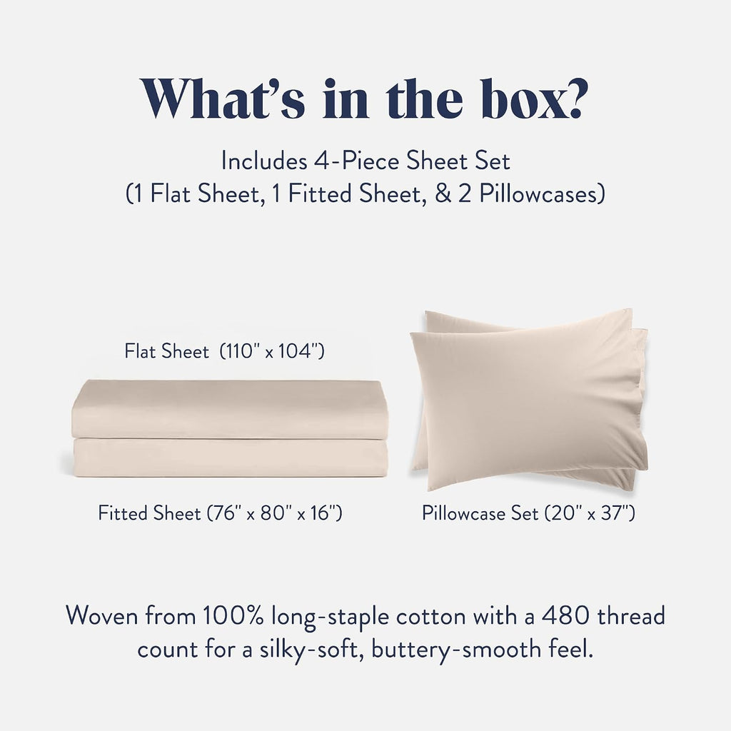 Brooklinen Luxury Sateen 4 Piece Sheet Set - 100% Cotton Bed Sheets, Soft & Durable King Size Sheet Set in Pebble, Oeko-TEX Certified Bedding Set, 1 Fitted Sheet, 1 Flat Sheet, 2 Pillowcases