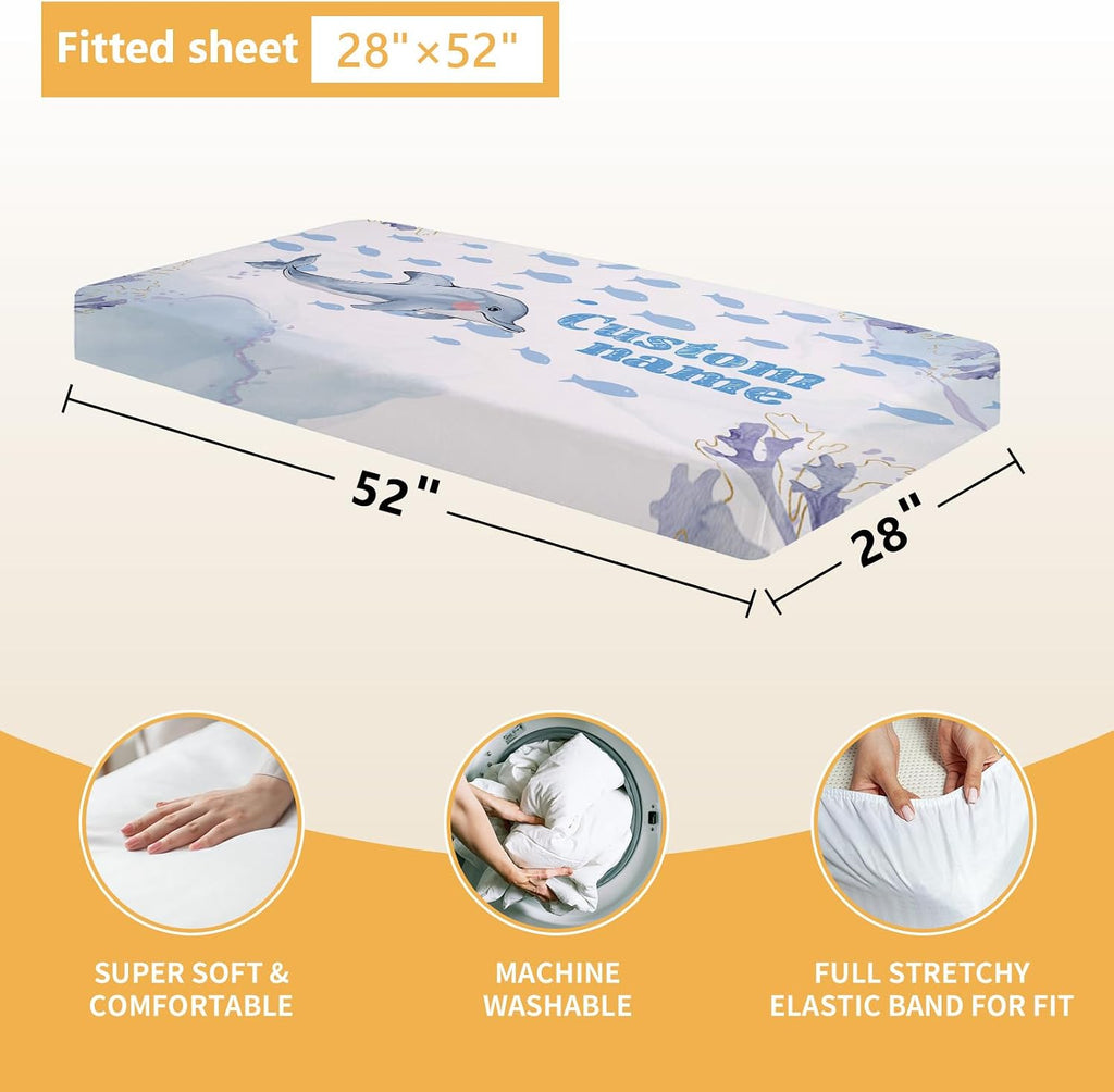 Terwex Personalized Baby Crib Bedding Set, 5 Pcs Custom Name Nursery Bedding Set, Blue Dolphin Baby Bedding Set for Girls Boys, Double Layer Baby Crib Sets, Customized Gifts for Toddlers Kids Infants