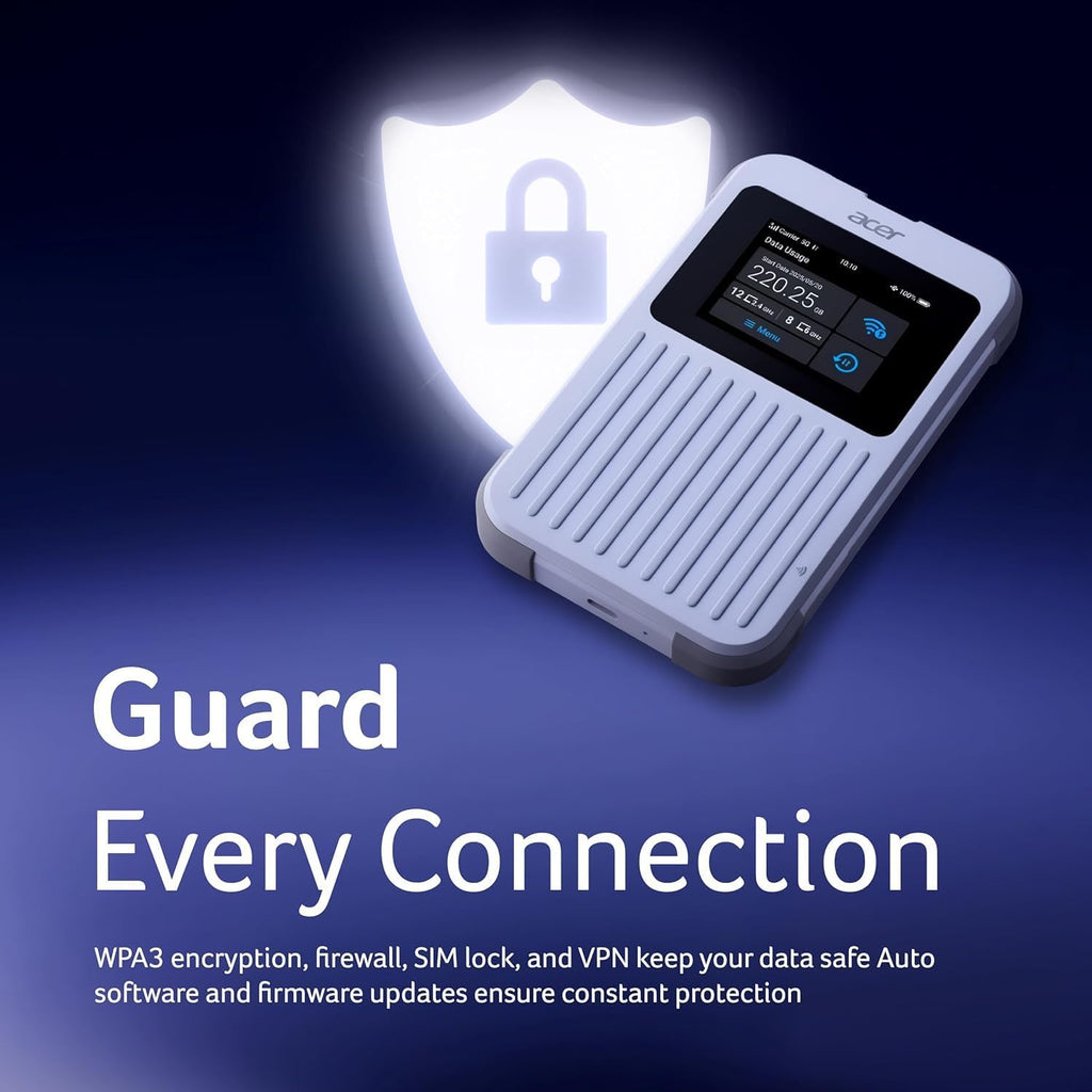 Acer Connect M6E 5G Mobile Wi-Fi | Wi-Fi 6E Hotspot 20 Devices | 2.4″ Touchscreen | 135+ Country Coverage | 8000 mAh Battery | IP68 Rugged | Enterprise-Grade Security | NFC Touch-to-Connect | Tri-SIM
