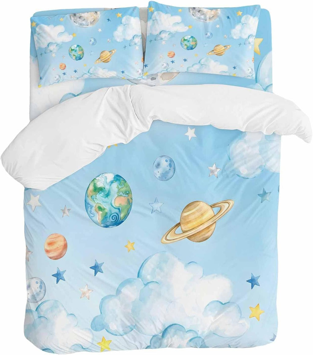 Prime Leader Planets Blue Sky Duvet Cover Set Queen Size 4 Pieces Earth Moon Yellow Star Clouds Dreamy Bedding Set with Zipper Closure, 1 Comforter Cover 90x92 Inches 1 Flat Sheet & 2 Pillow Cases