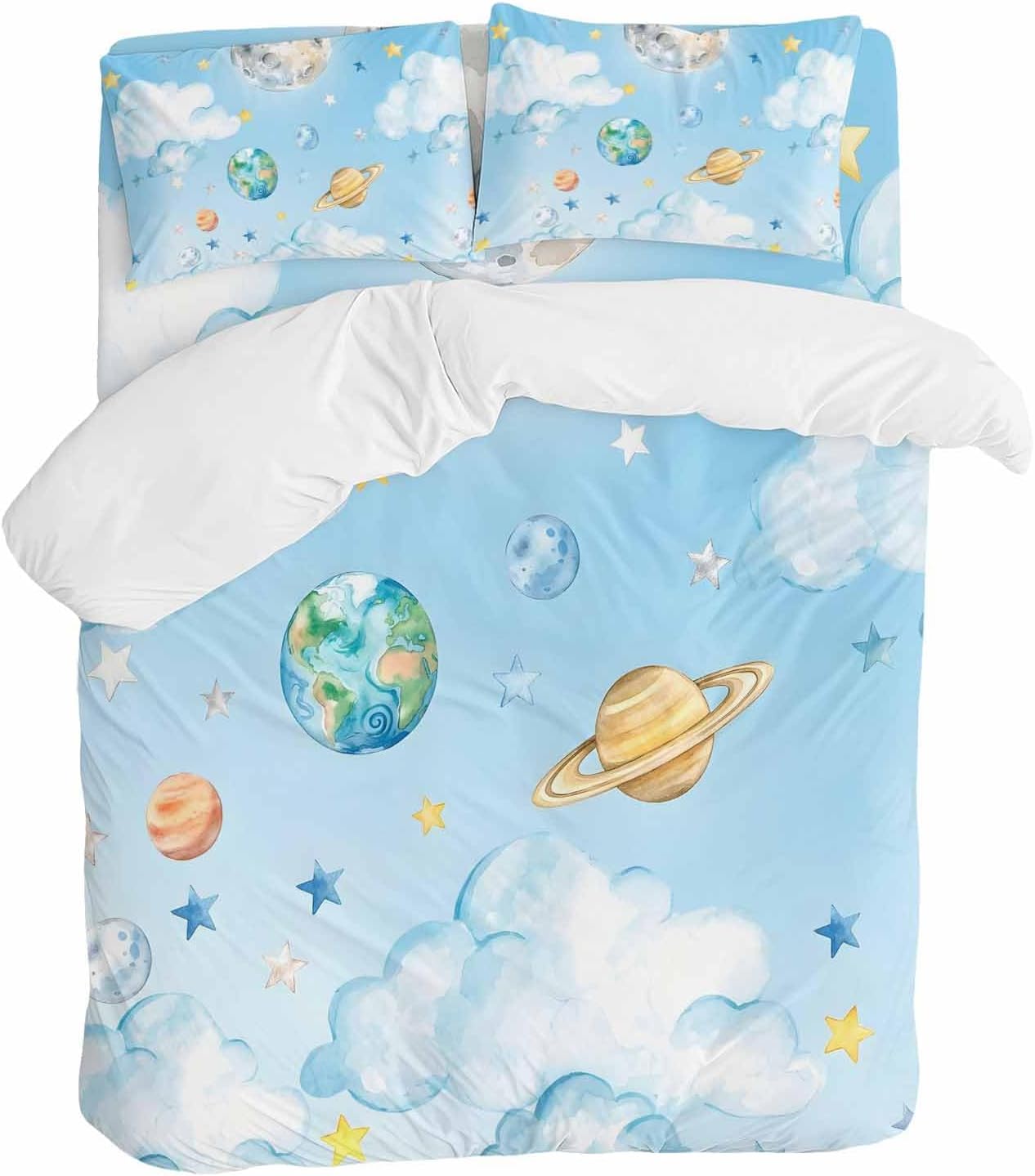 Prime Leader Planets Blue Sky Duvet Cover Set Queen Size 4 Pieces Earth Moon Yellow Star Clouds Dreamy Bedding Set with Zipper Closure, 1 Comforter Cover 90x92 Inches 1 Flat Sheet & 2 Pillow Cases