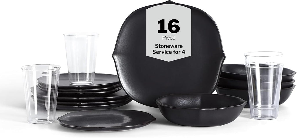 Stone Lain Baskerville 16-Piece Dinnerware Set Stoneware, Borosilicate Glass, Black