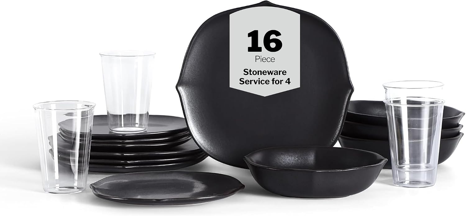 Stone Lain Baskerville 16-Piece Dinnerware Set Stoneware, Borosilicate Glass, Black
