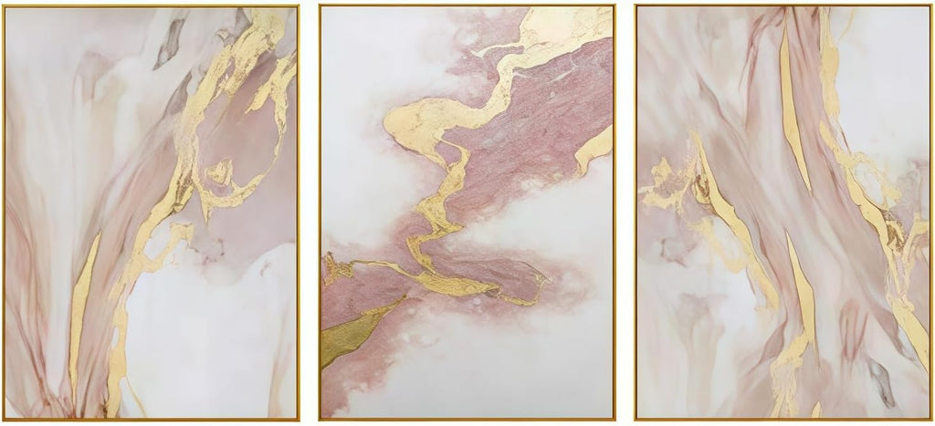 3 Piece Living Room Pink Wall Art, Framed Gold Abstract Painting Water Flow Shape for Bedroom,Modern Pink Wall Decor Home Decor Ready to Hang 24x48 inches