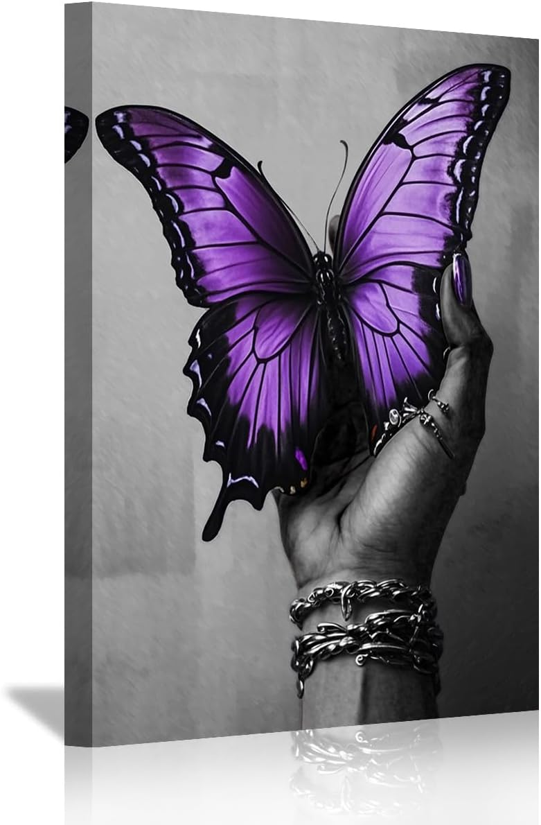 SWQYLB African American Canvas Wall Art Black Woman Hand and Butterfly Picture Black Girl Painting Abstract Women Poster Prints Afro Art Wall Decor for Bedroom (Purple, 42L x 28W)
