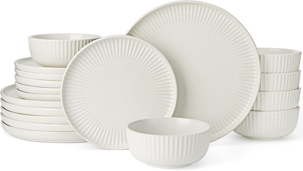 Famiware Starlight 18-Piece Plates and Bowls Sets for 6, Stoneware Dinnerware with Ribbed Textured, Handcrafted Reactive Glaze Dishes - Dishwasher & Microwave Safe, Chip/Scratch Resistant, Matte White