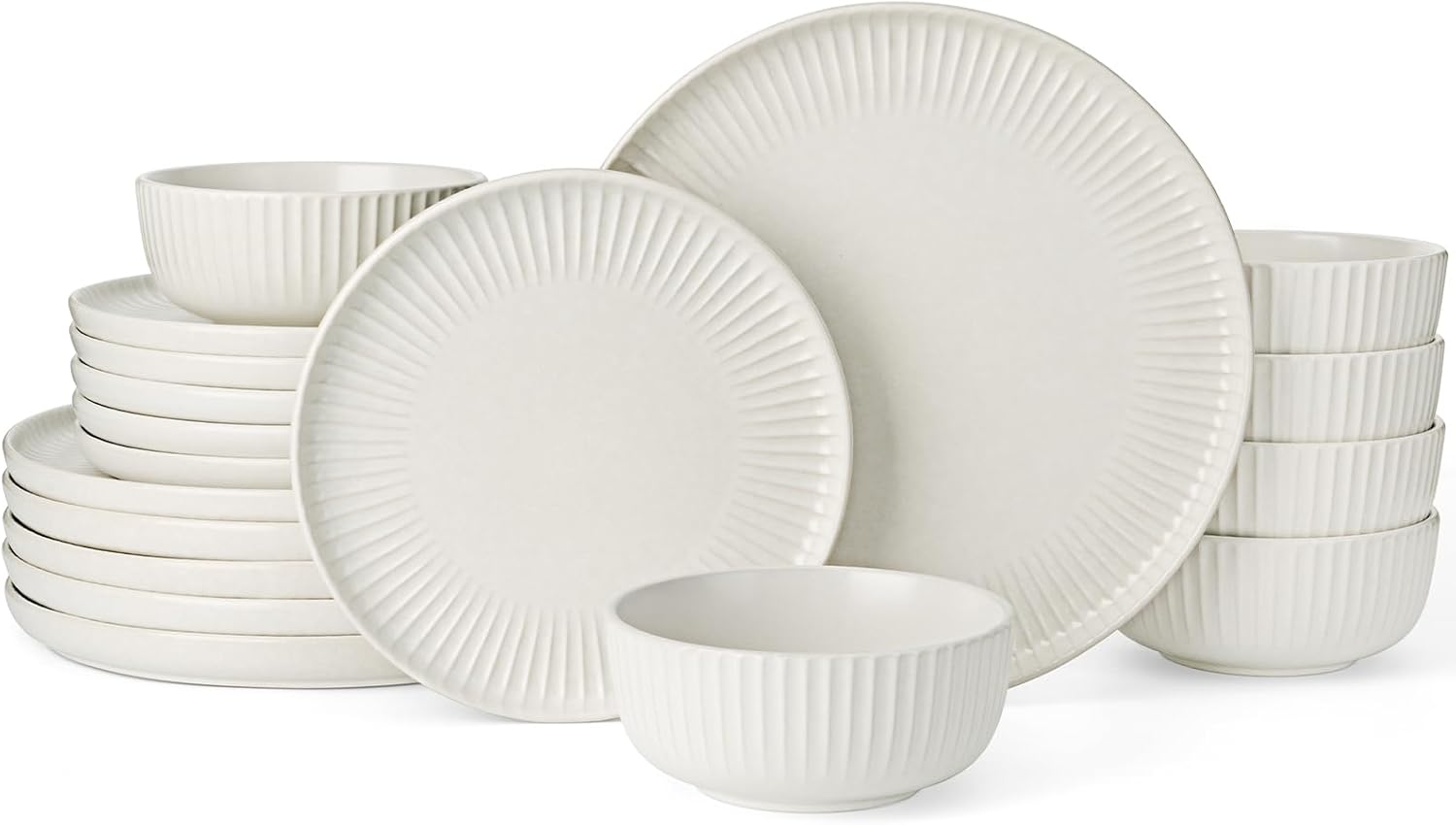Famiware Starlight 18-Piece Plates and Bowls Sets for 6, Stoneware Dinnerware with Ribbed Textured, Handcrafted Reactive Glaze Dishes - Dishwasher & Microwave Safe, Chip/Scratch Resistant, Matte White