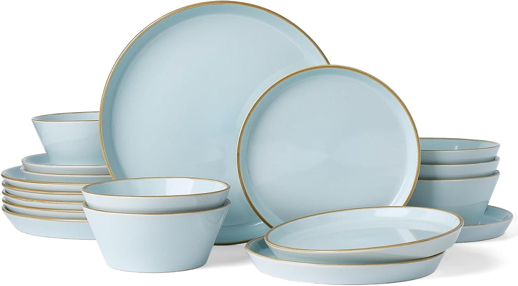 Famiware Saturn Plates and Bowls Dish Sets for 6 (18 Pieces), Stoneware Dinnerware Set with Hand-Painted Trim - Chip & Scratch Resistant, Microwave & Dishwasher Safe Ceramic Dishes, Light Blue