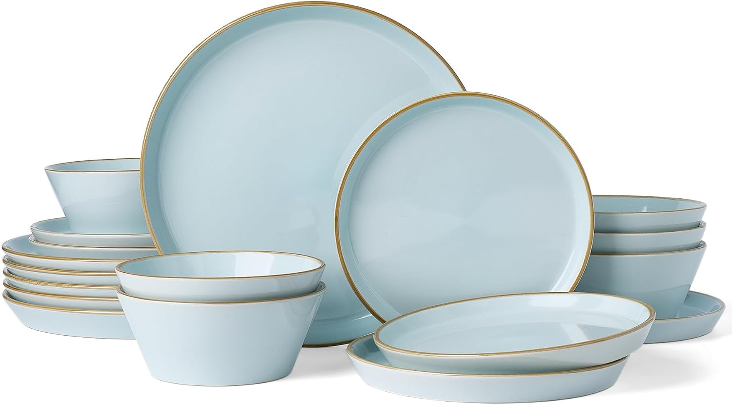 Famiware Saturn Plates and Bowls Dish Sets for 6 (18 Pieces), Stoneware Dinnerware Set with Hand-Painted Trim - Chip & Scratch Resistant, Microwave & Dishwasher Safe Ceramic Dishes, Light Blue