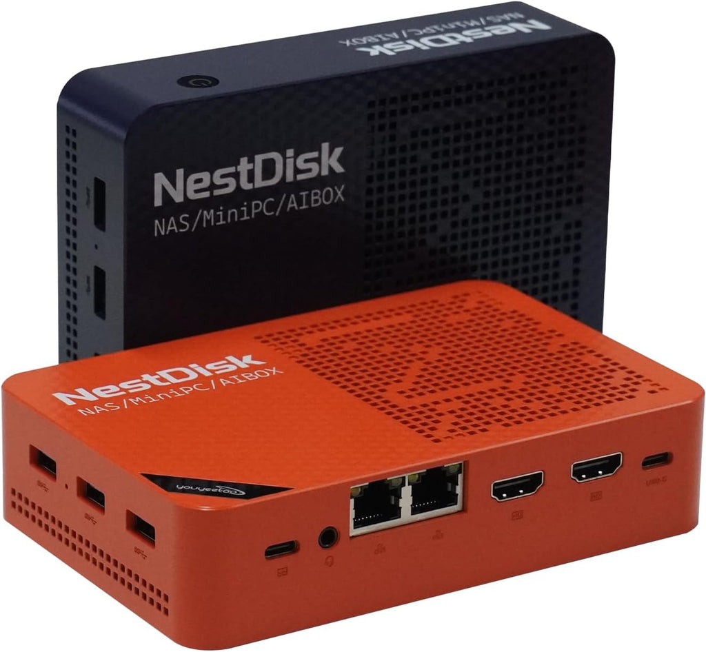 youyeetoo NestDisk Mini PC NAS, 4-Bay NVMe SSD, N150 Quad-Core 12GB DDR5, Dual 2.5GbE, Triple 4K@60Hz HDMI & USB-C, Personal Cloud Router Barebone (Orange,12GB+64GB(eMMC),Dual USB Fan)