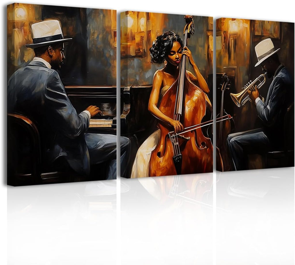 LZIMU Jazz Wall Art Abstract Black Music Picture African American Music Canvas Prints Vintage Jazz Band Painting for Musical Club Classroom Decor Framed (Brown, 24.00' x 36.00' x 3PCS)